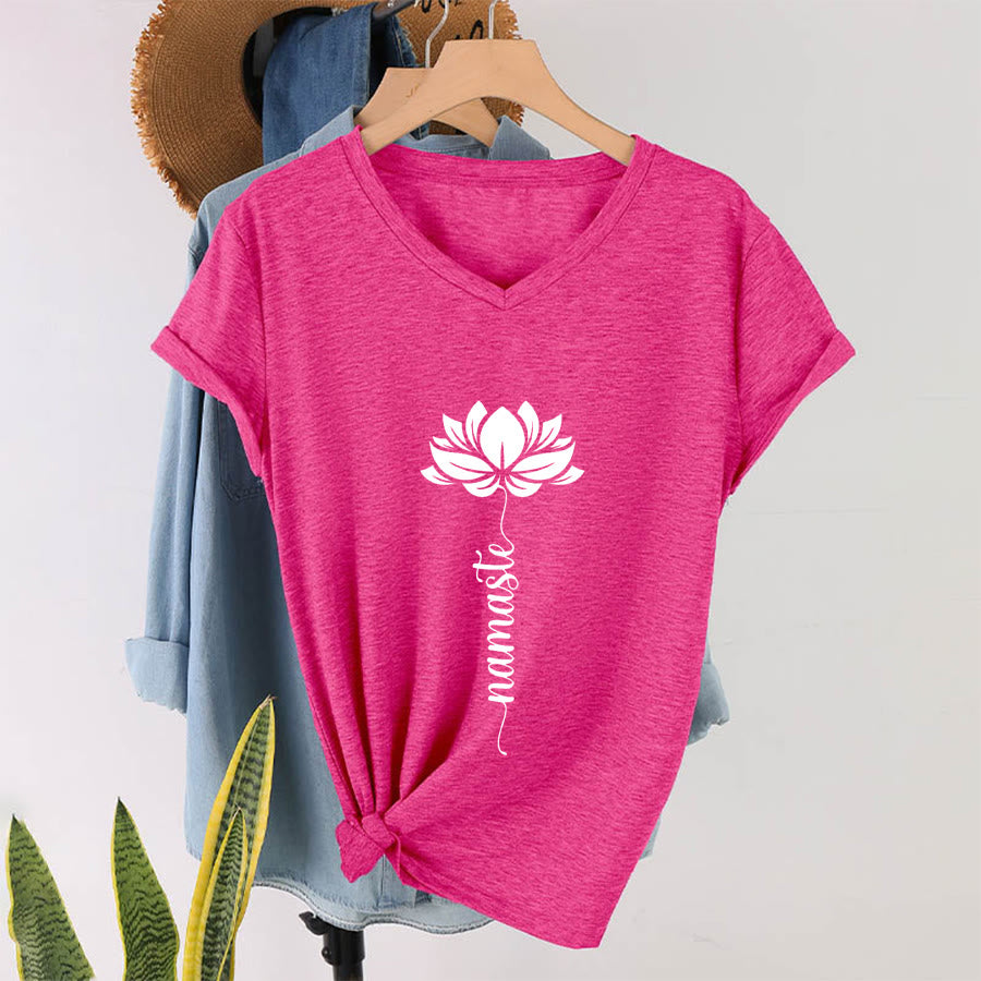 T-shirt Olivenorma Minimal Namaste Lotus Silhouette Print V-Neck - Rosso rosa - 2XL - image 33