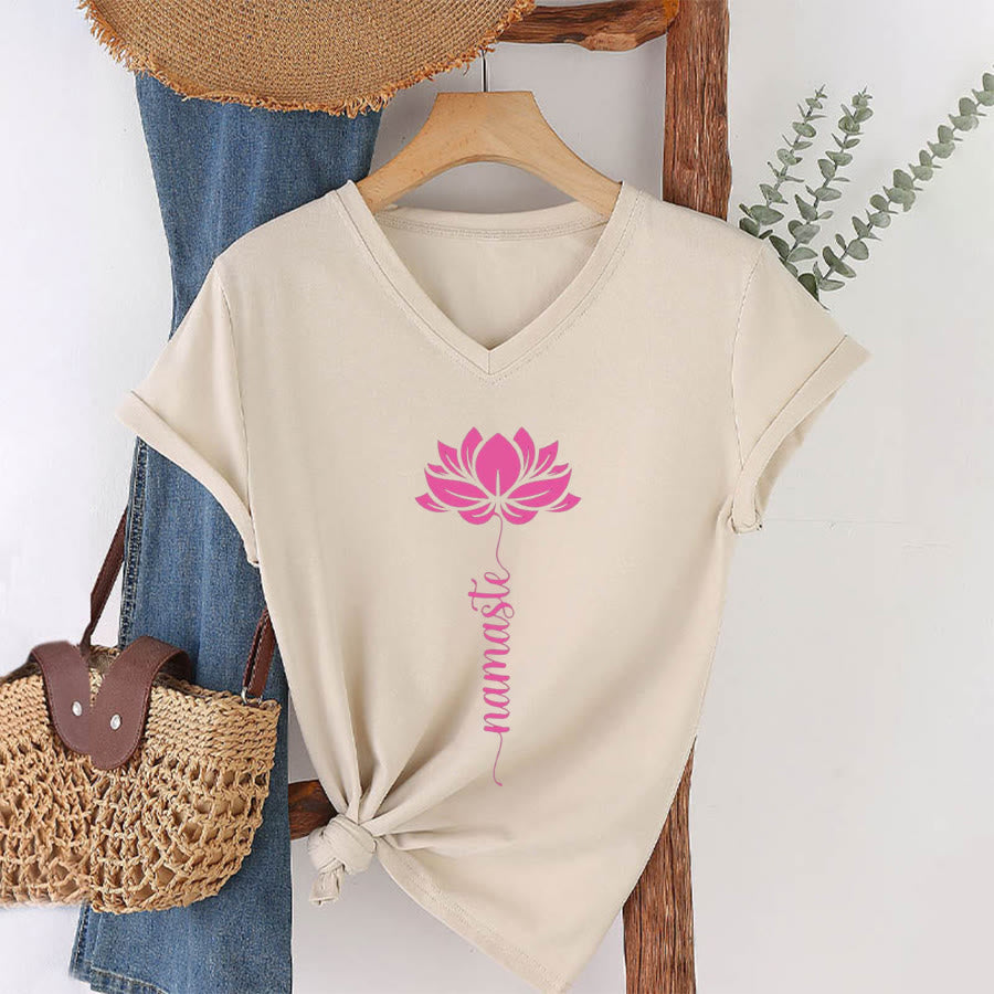 T-shirt Olivenorma Minimal Namaste Lotus Silhouette Print V-Neck - Cachi - 2XL - image 27