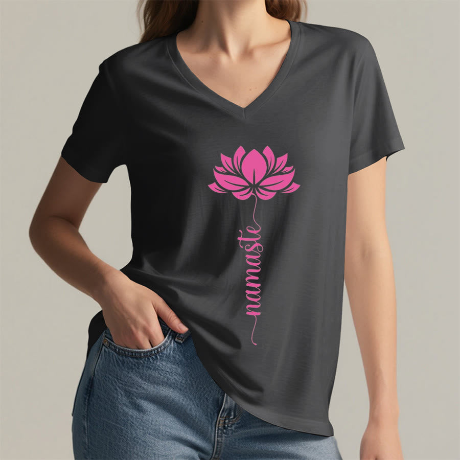 T-shirt Olivenorma Minimal Namaste Lotus Silhouette Print V-Neck - image 7