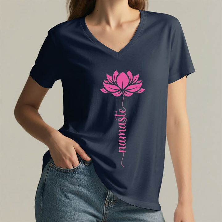 T-shirt Olivenorma Minimal Namaste Lotus Silhouette Print V-Neck - image 17