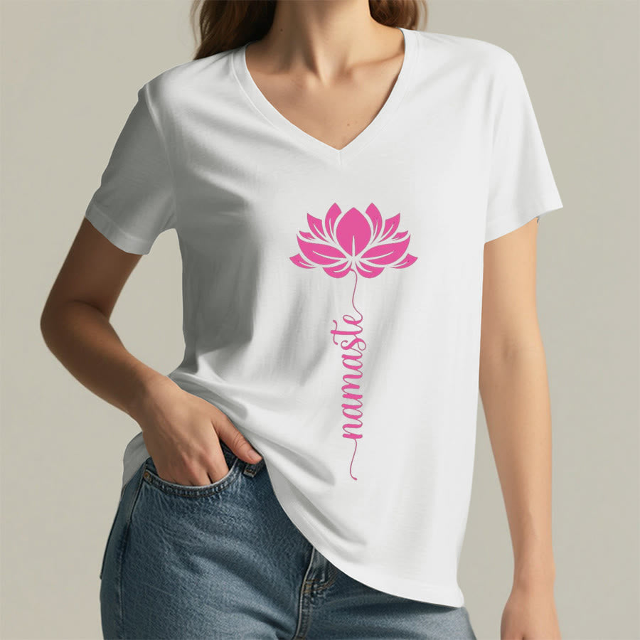 T-shirt Olivenorma Minimal Namaste Lotus Silhouette Print V-Neck - image 1