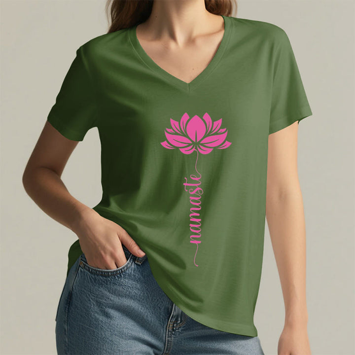 T-shirt Olivenorma Minimal Namaste Lotus Silhouette Print V-Neck - image 22