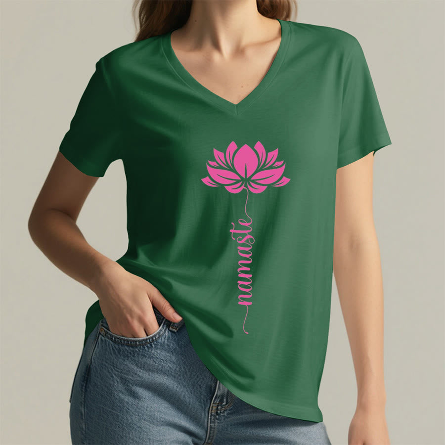T-shirt Olivenorma Minimal Namaste Lotus Silhouette Print V-Neck - image 25