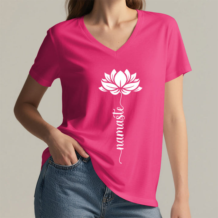 T-shirt Olivenorma Minimal Namaste Lotus Silhouette Print V-Neck - image 34