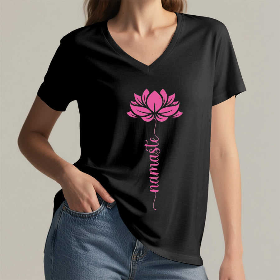 T-shirt Olivenorma Minimal Namaste Lotus Silhouette Print V-Neck - image 4