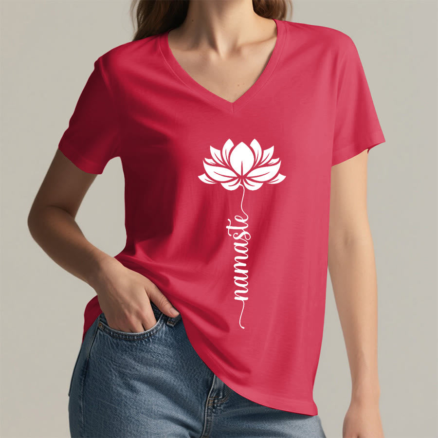 T-shirt Olivenorma Minimal Namaste Lotus Silhouette Print V-Neck - image 37