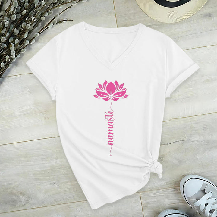 T-shirt Olivenorma Minimal Namaste Lotus Silhouette Print V-Neck - image 2