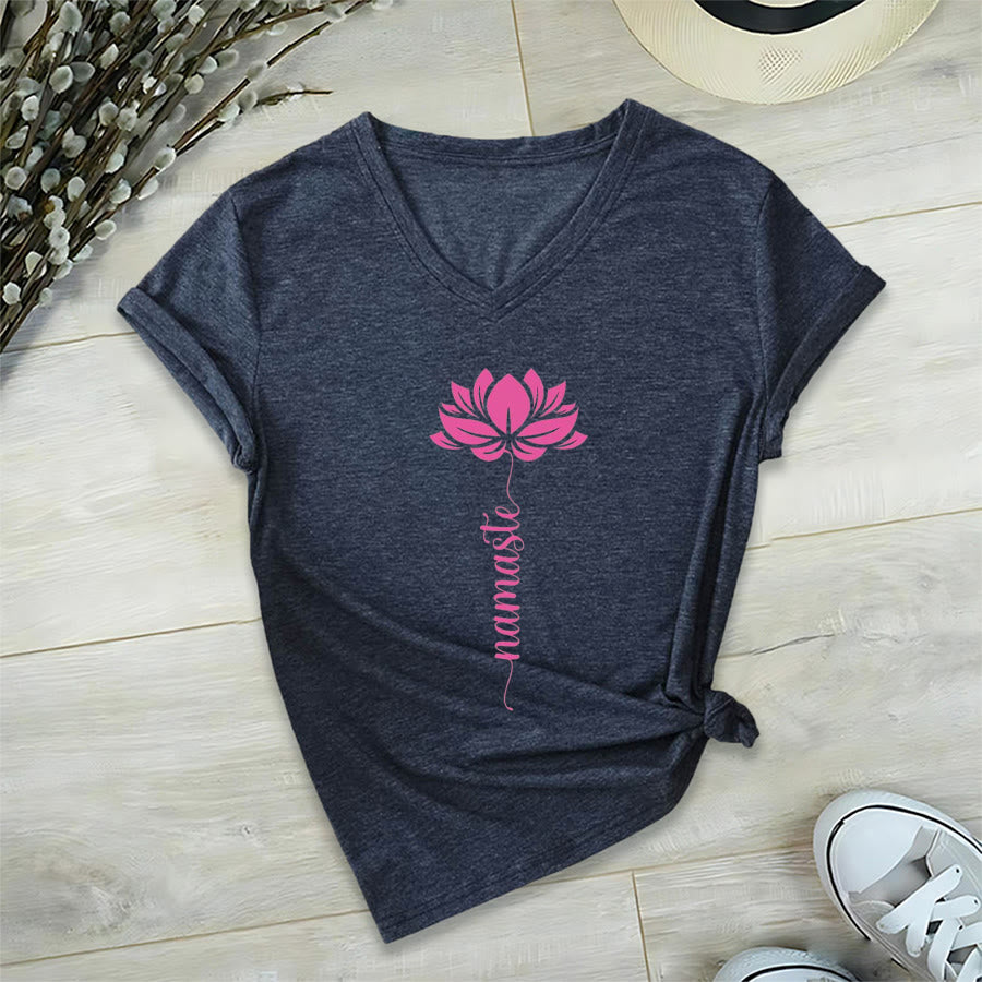 T-shirt Olivenorma Minimal Namaste Lotus Silhouette Print V-Neck - image 16