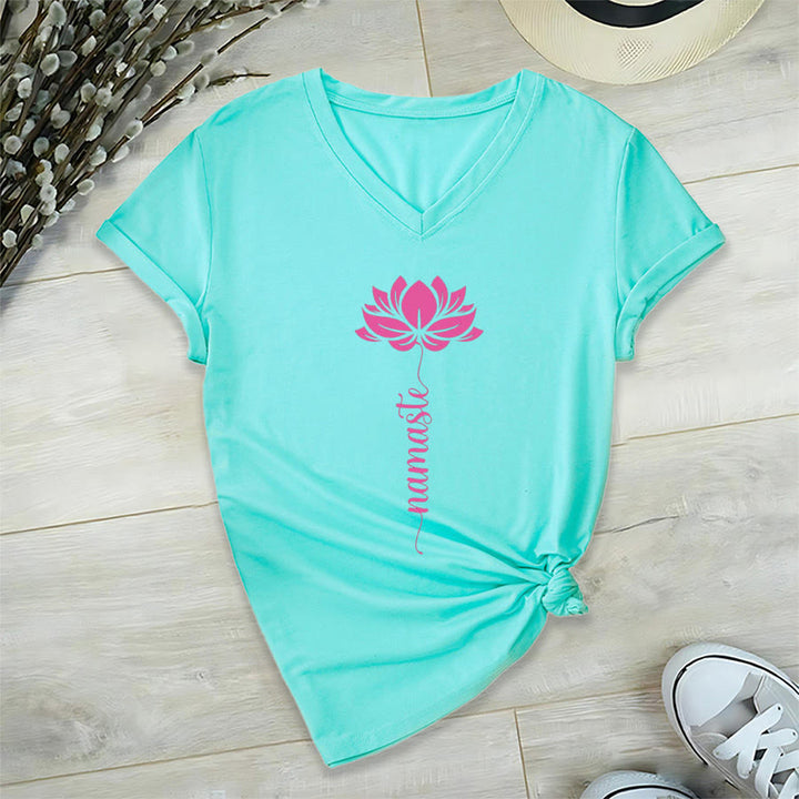 T-shirt Olivenorma Minimal Namaste Lotus Silhouette Print V-Neck - image 14