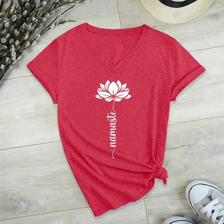 T-shirt Olivenorma Minimal Namaste Lotus Silhouette Print V-Neck - image 38