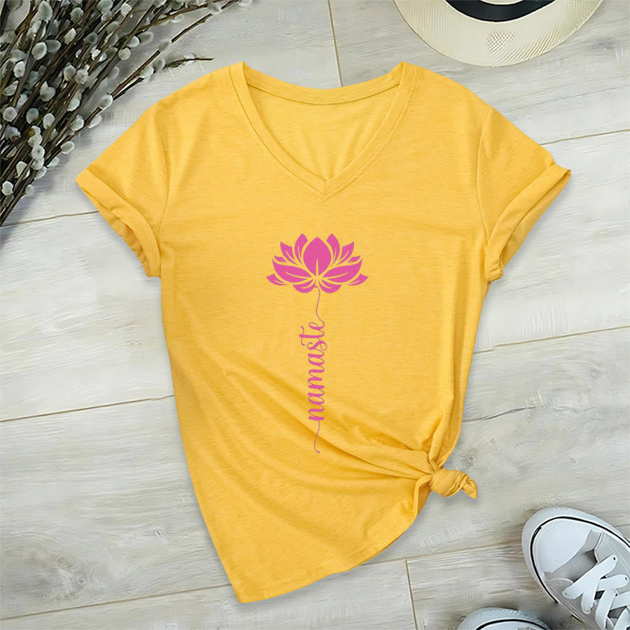 T-shirt Olivenorma Minimal Namaste Lotus Silhouette Print V-Neck - image 11