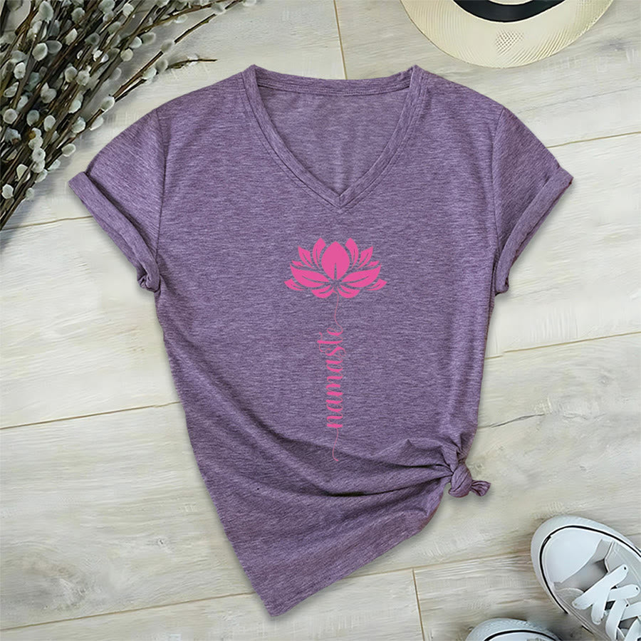 T-shirt Olivenorma Minimal Namaste Lotus Silhouette Print V-Neck - image 20