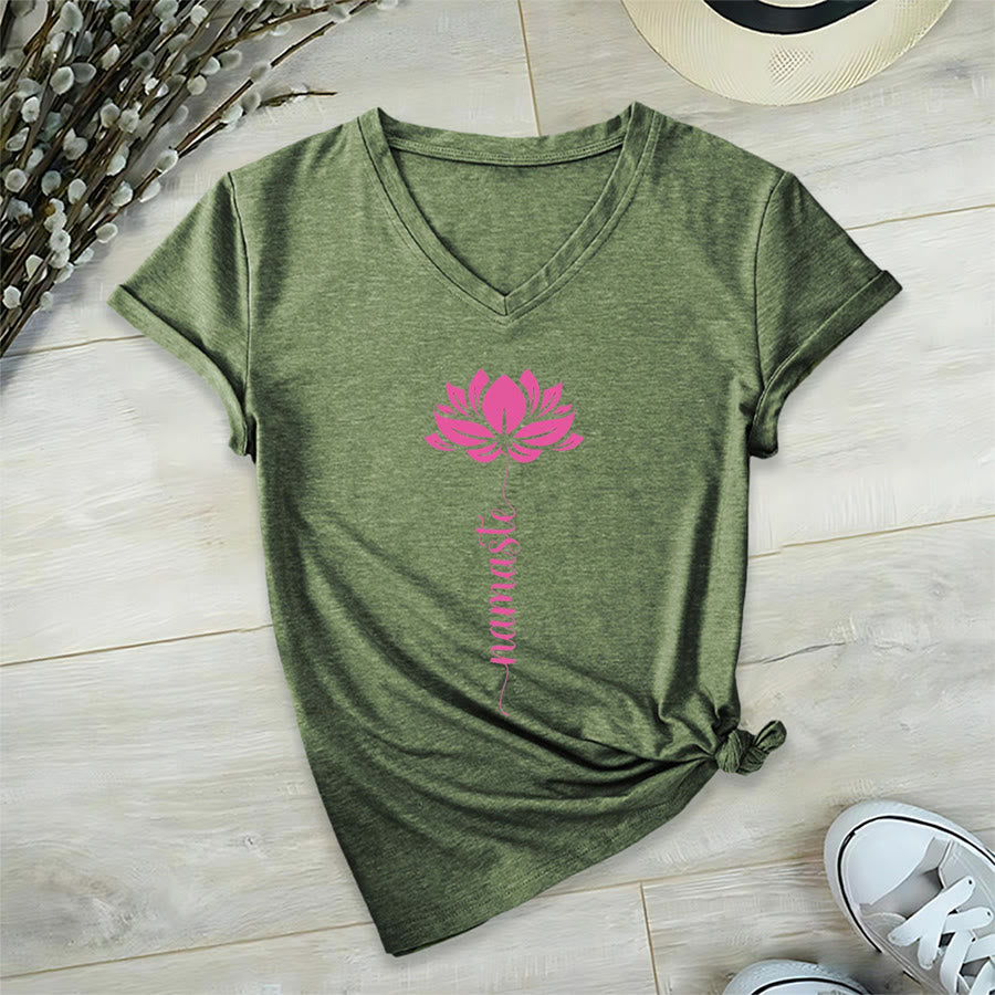 T-shirt Olivenorma Minimal Namaste Lotus Silhouette Print V-Neck - image 23