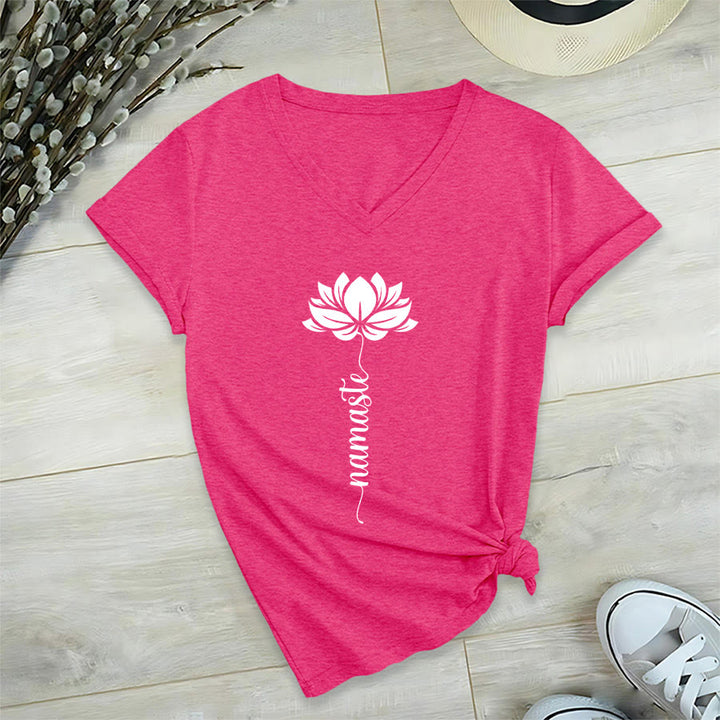 T-shirt Olivenorma Minimal Namaste Lotus Silhouette Print V-Neck - image 35