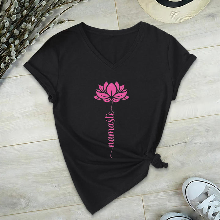 T-shirt Olivenorma Minimal Namaste Lotus Silhouette Print V-Neck - image 5