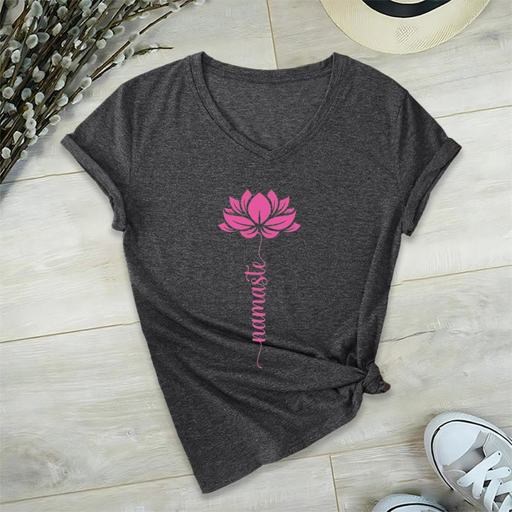 T-shirt Olivenorma Minimal Namaste Lotus Silhouette Print V-Neck - image 8