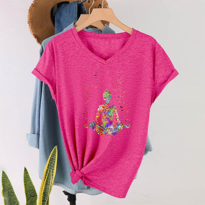 T-shirt da yoga con scollo a V e silhouette in meditazione ad acquerello Olivenorma - Rosso rosa - 2XL - image 33