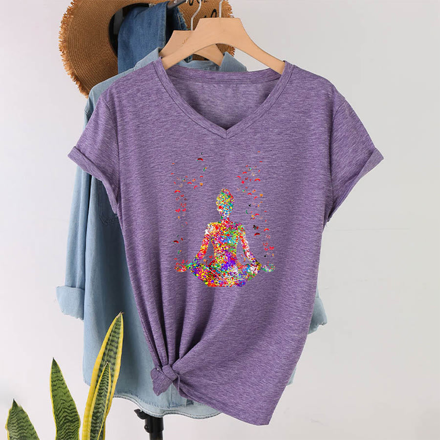 T-shirt da yoga con scollo a V e silhouette in meditazione ad acquerello Olivenorma - Viola - 2XL - image 36