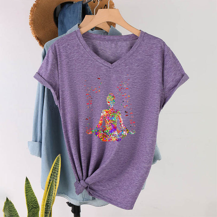 T-shirt da yoga con scollo a V e silhouette in meditazione ad acquerello Olivenorma - Viola - 2XL - image 36