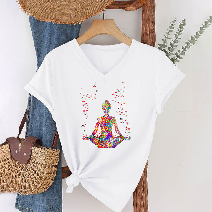T-shirt da yoga con scollo a V e silhouette in meditazione ad acquerello Olivenorma - Bianco - 2XL - image 0