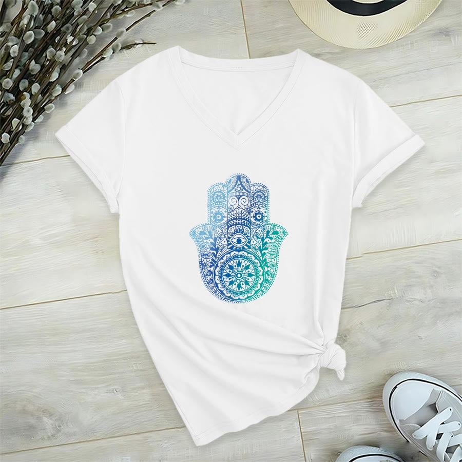 T-shirt da yoga con scollo a V e stampa sfumata della mano di Hamsa e mandala Olivenorma - Bianco - 2XL - image 0