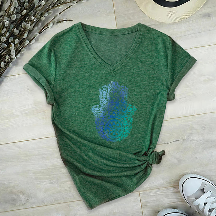 T-shirt da yoga con scollo a V e stampa sfumata della mano di Hamsa e mandala Olivenorma - Verde scuro - 2XL - image 21