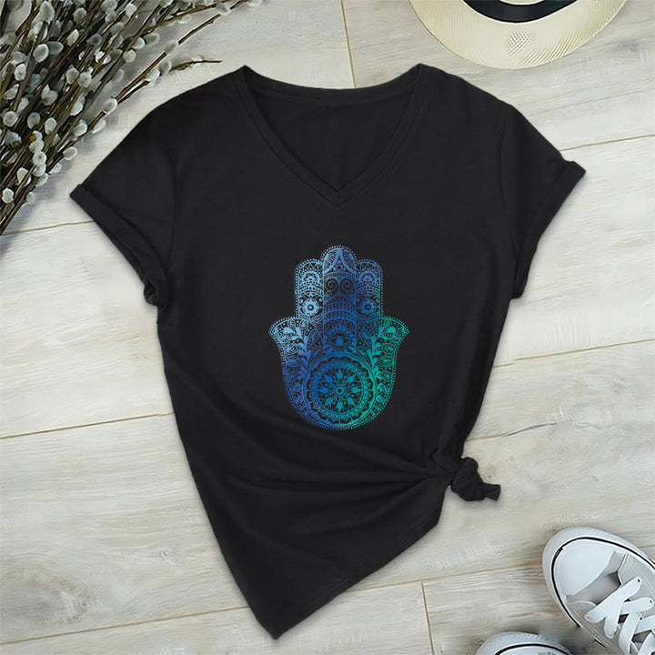 T-shirt da yoga con scollo a V e stampa sfumata della mano di Hamsa e mandala Olivenorma - Nero - 2XL - image 12