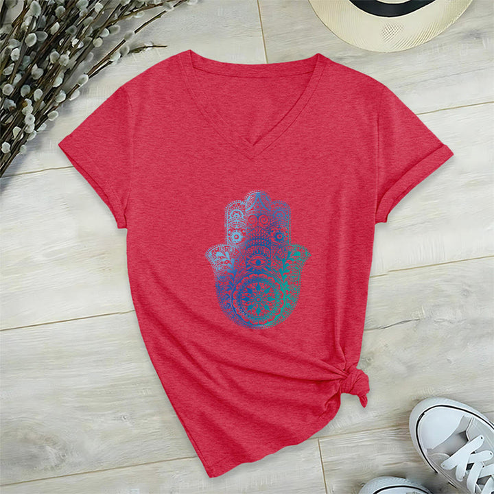 T-shirt da yoga con scollo a V e stampa sfumata della mano di Hamsa e mandala Olivenorma - Rosso - 2XL - image 27