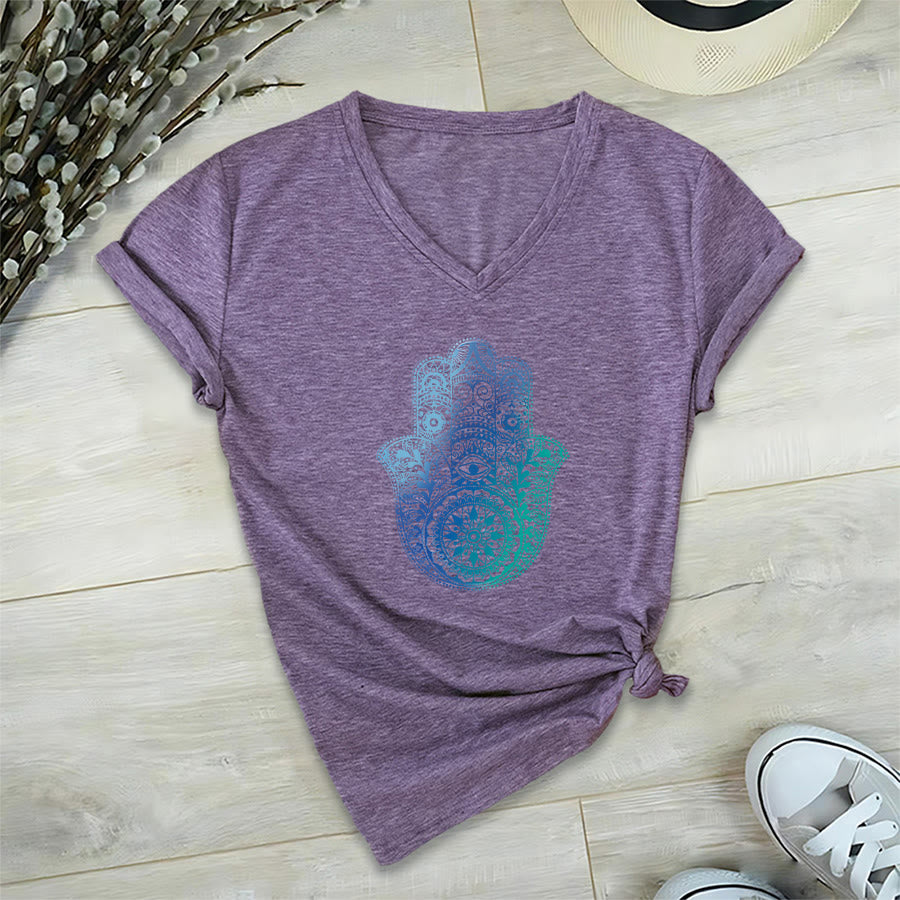 T-shirt da yoga con scollo a V e stampa sfumata della mano di Hamsa e mandala Olivenorma - Viola - 2XL - image 36