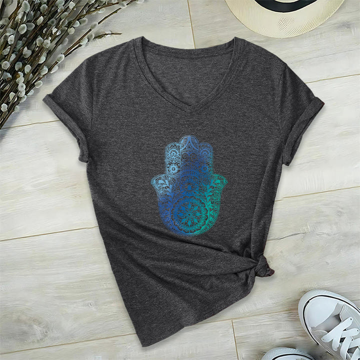 T-shirt da yoga con scollo a V e stampa sfumata della mano di Hamsa e mandala Olivenorma - Grigio - 2XL - image 15