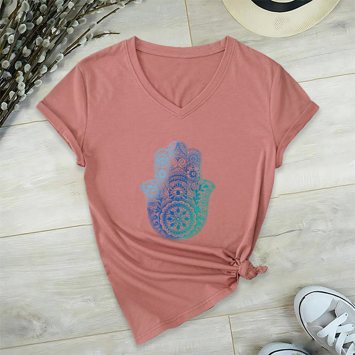 T-shirt da yoga con scollo a V e stampa sfumata della mano di Hamsa e mandala Olivenorma - Rosa - 2XL - image 6