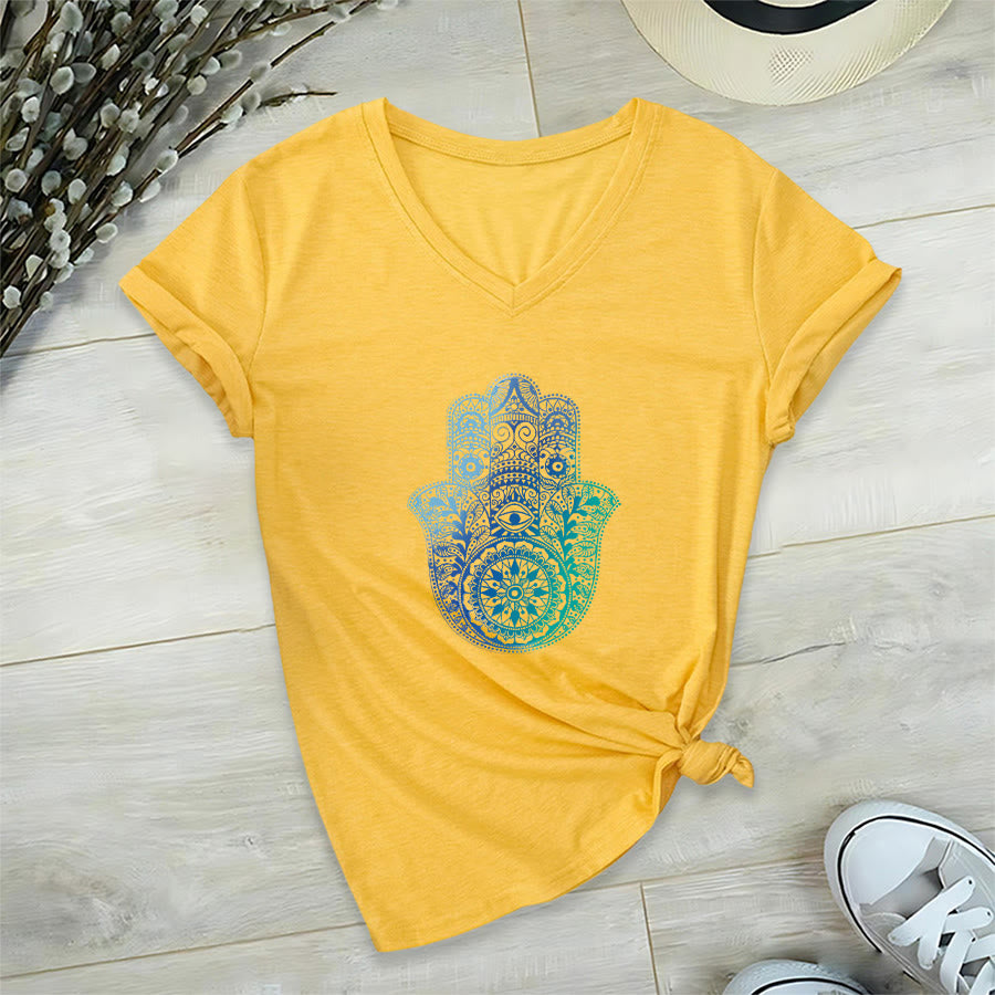 T-shirt da yoga con scollo a V e stampa sfumata della mano di Hamsa e mandala Olivenorma - Giallo - 2XL - image 30