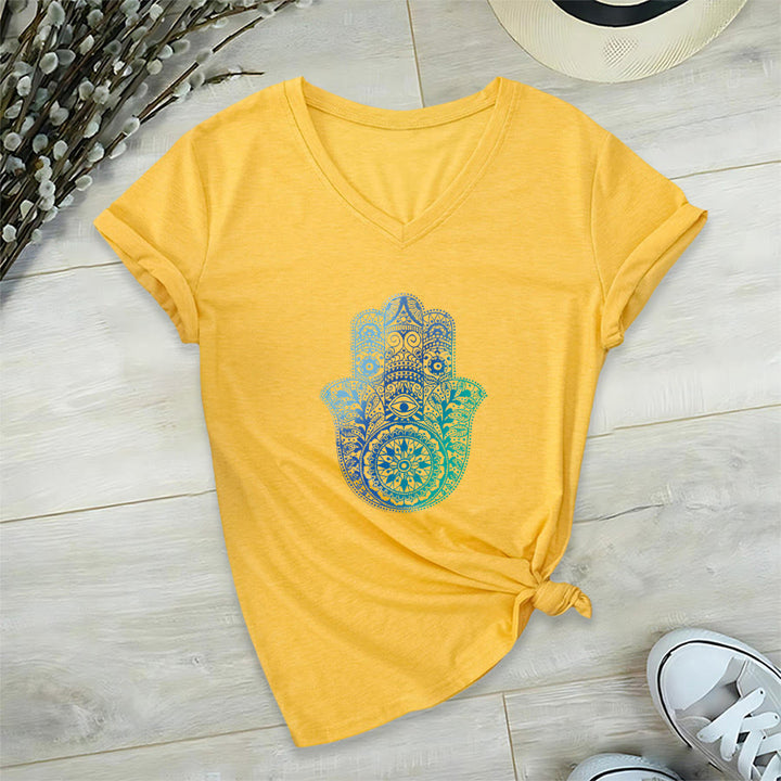 T-shirt da yoga con scollo a V e stampa sfumata della mano di Hamsa e mandala Olivenorma - Giallo - 2XL - image 30