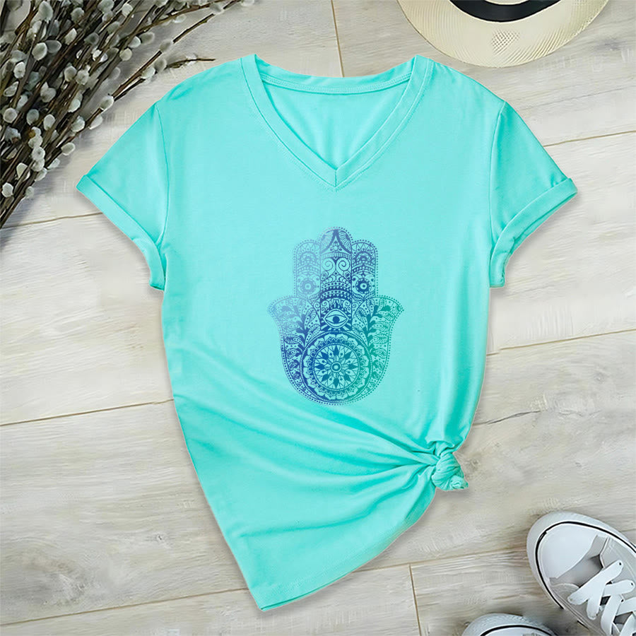 T-shirt da yoga con scollo a V e stampa sfumata della mano di Hamsa e mandala Olivenorma - Lago Blu - 2XL - image 9