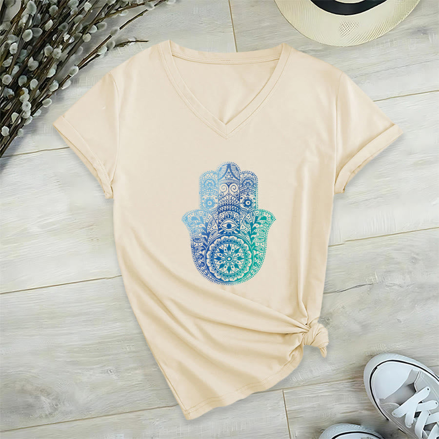 T-shirt da yoga con scollo a V e stampa sfumata della mano di Hamsa e mandala Olivenorma - Cachi - 2XL - image 3