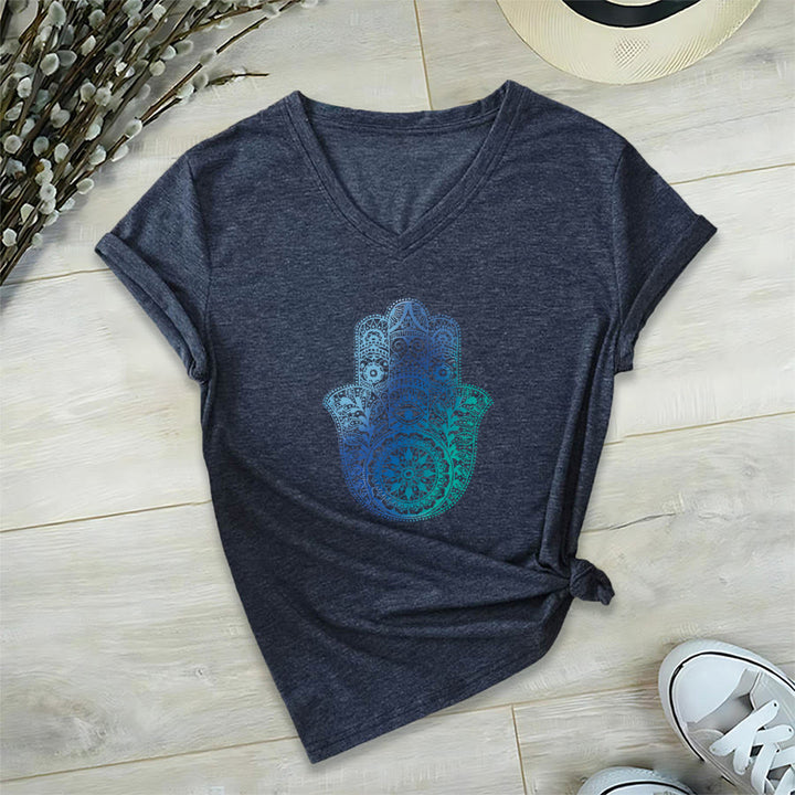 T-shirt da yoga con scollo a V e stampa sfumata della mano di Hamsa e mandala Olivenorma - Blu navy - 2XL - image 18