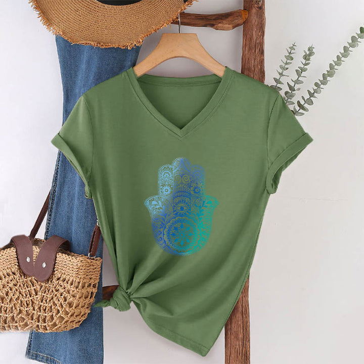 T-shirt da yoga con scollo a V e stampa sfumata della mano di Hamsa e mandala Olivenorma - image 25