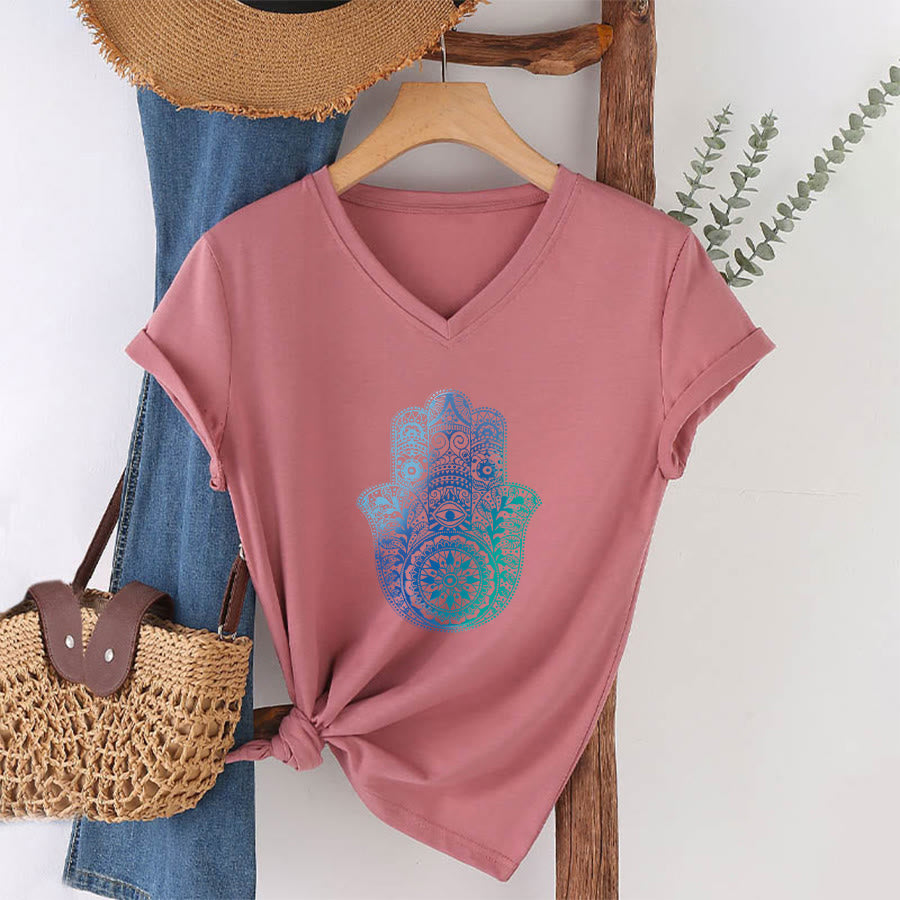 T-shirt da yoga con scollo a V e stampa sfumata della mano di Hamsa e mandala Olivenorma - image 7