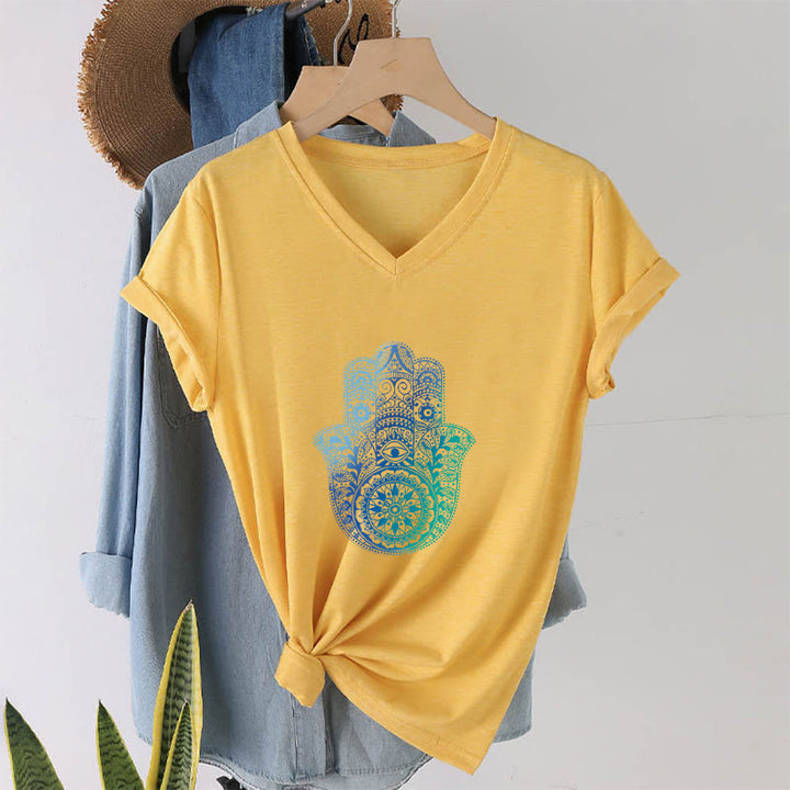 T-shirt da yoga con scollo a V e stampa sfumata della mano di Hamsa e mandala Olivenorma - image 31