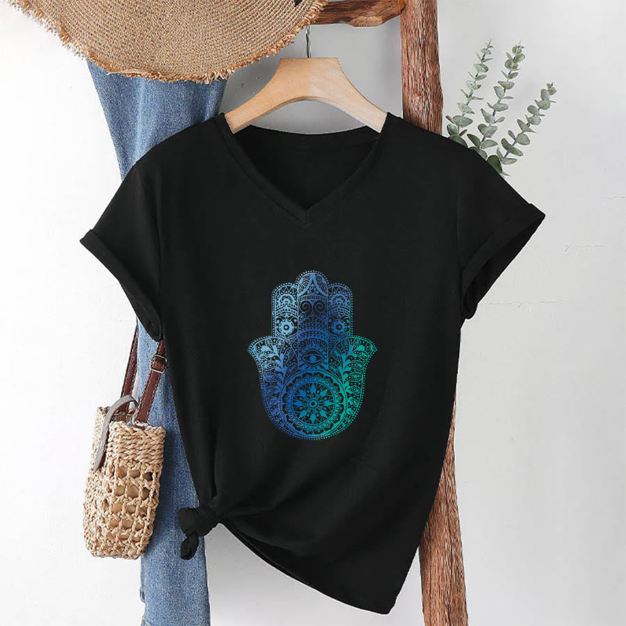 T-shirt da yoga con scollo a V e stampa sfumata della mano di Hamsa e mandala Olivenorma - image 13