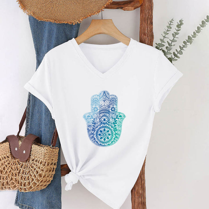 T-shirt da yoga con scollo a V e stampa sfumata della mano di Hamsa e mandala Olivenorma - image 1