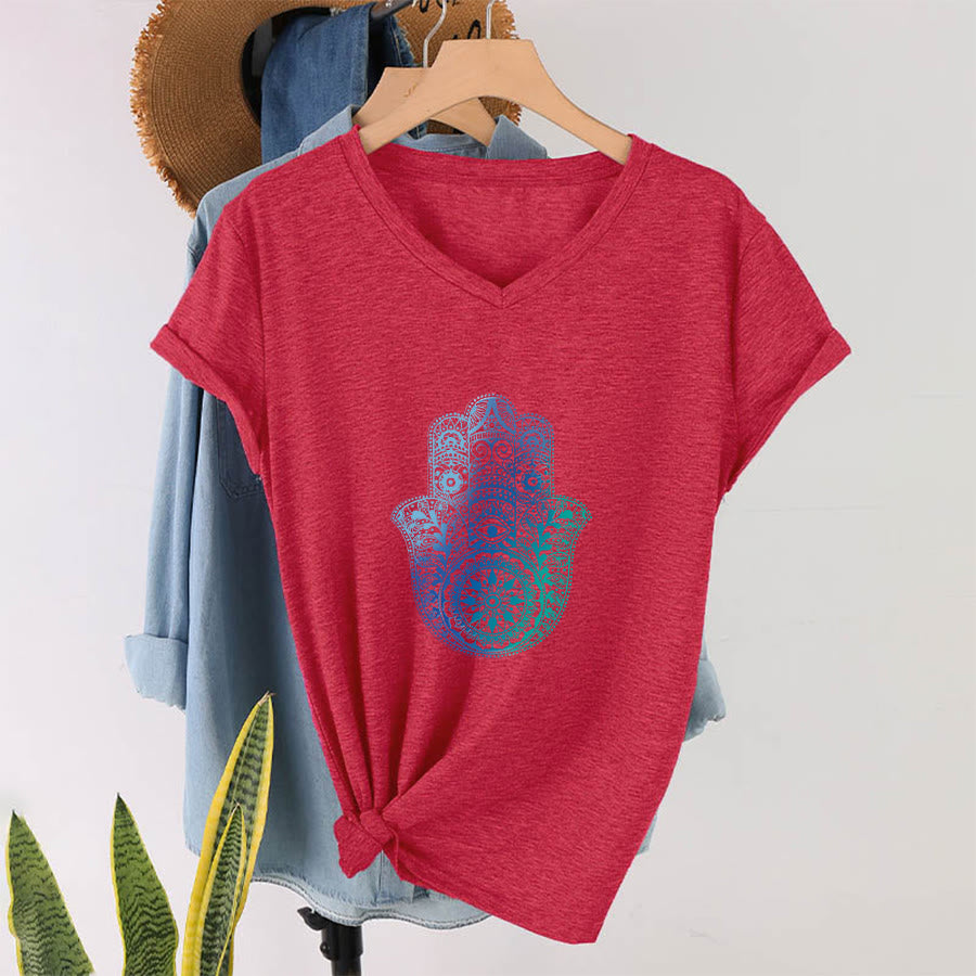 T-shirt da yoga con scollo a V e stampa sfumata della mano di Hamsa e mandala Olivenorma - image 28