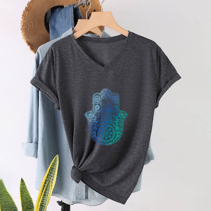 T-shirt da yoga con scollo a V e stampa sfumata della mano di Hamsa e mandala Olivenorma - image 16