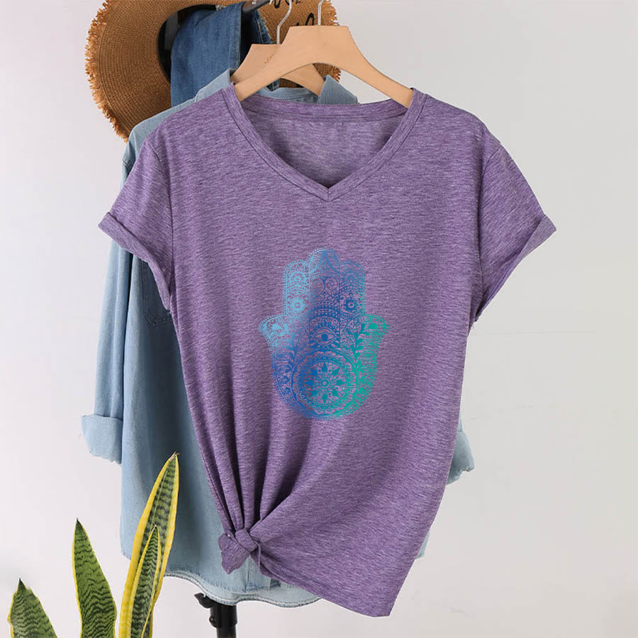T-shirt da yoga con scollo a V e stampa sfumata della mano di Hamsa e mandala Olivenorma - image 37