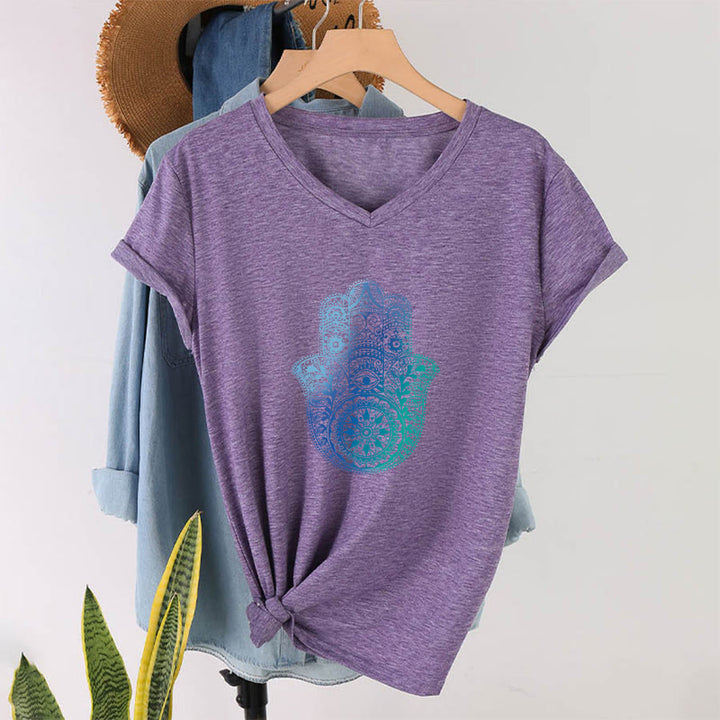T-shirt da yoga con scollo a V e stampa sfumata della mano di Hamsa e mandala Olivenorma - image 37