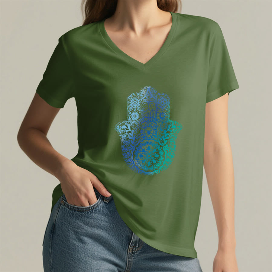 T-shirt da yoga con scollo a V e stampa sfumata della mano di Hamsa e mandala Olivenorma - image 26