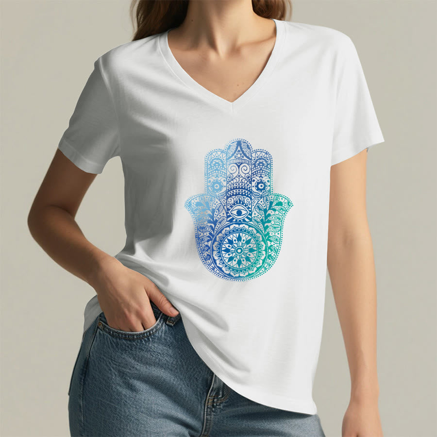 T-shirt da yoga con scollo a V e stampa sfumata della mano di Hamsa e mandala Olivenorma - image 2