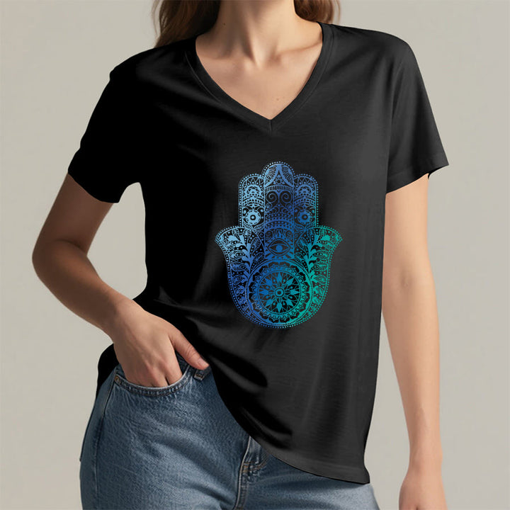 T-shirt da yoga con scollo a V e stampa sfumata della mano di Hamsa e mandala Olivenorma - image 14