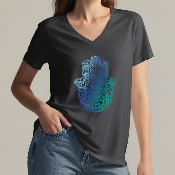 T-shirt da yoga con scollo a V e stampa sfumata della mano di Hamsa e mandala Olivenorma - image 17