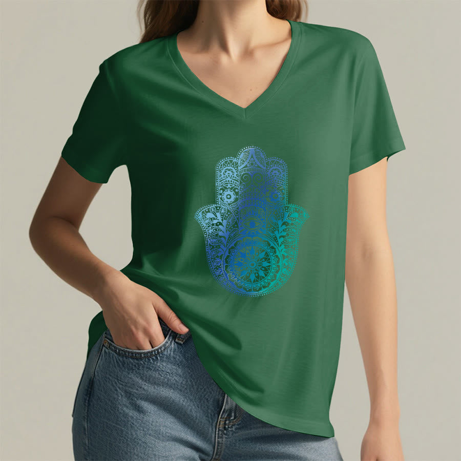 T-shirt da yoga con scollo a V e stampa sfumata della mano di Hamsa e mandala Olivenorma - image 23